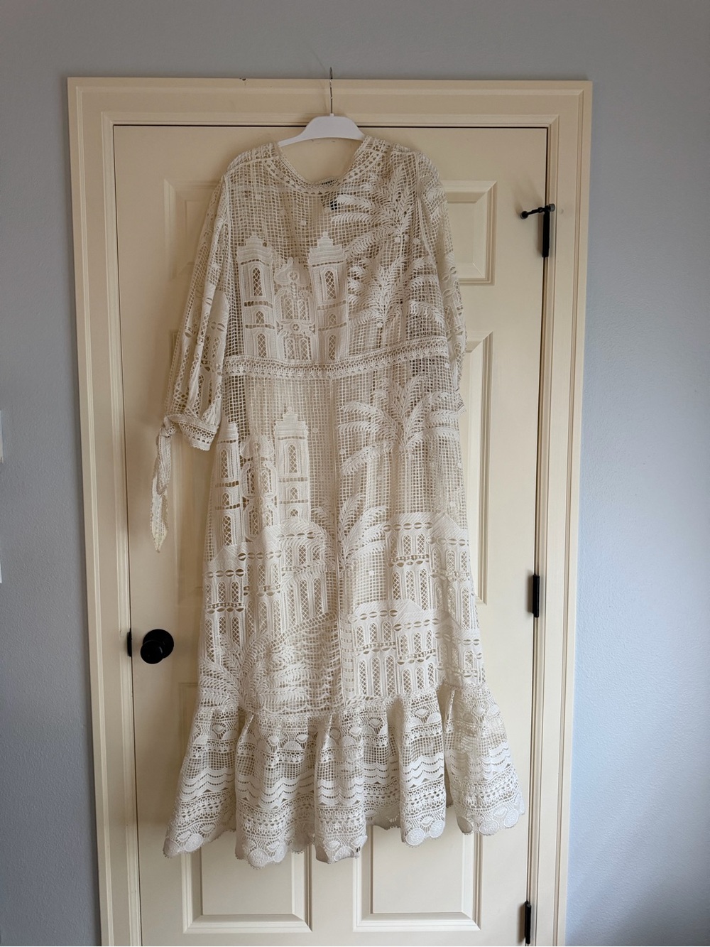 Farm Rio Cream Lace Morada Guipure Crochet Maxi Dress with Tie Waist - Picture 13 of 13